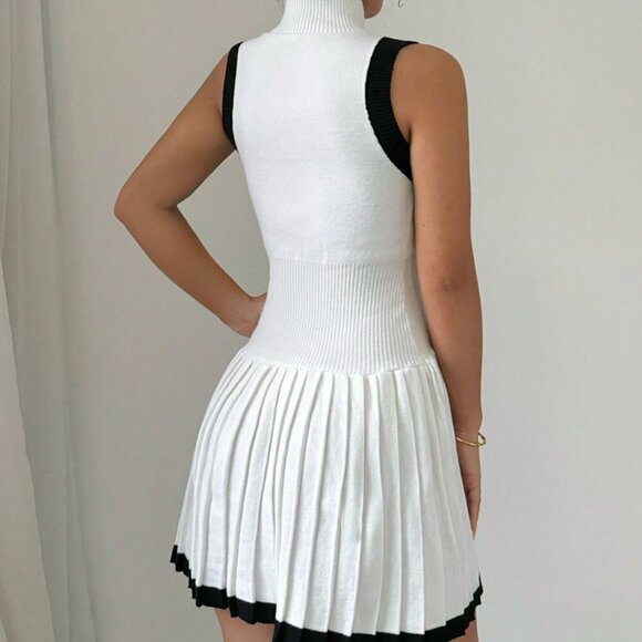 Black and White Elegant Women's Casual Trimmed Collar Sleeveless Sweater Dress - Picture 2 of 6
